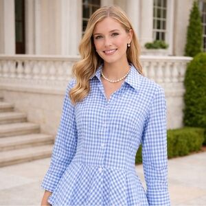 Lauren Ralph Lauren Women’s Blue White Gingham Peplum Shirt Size 12 Cotton